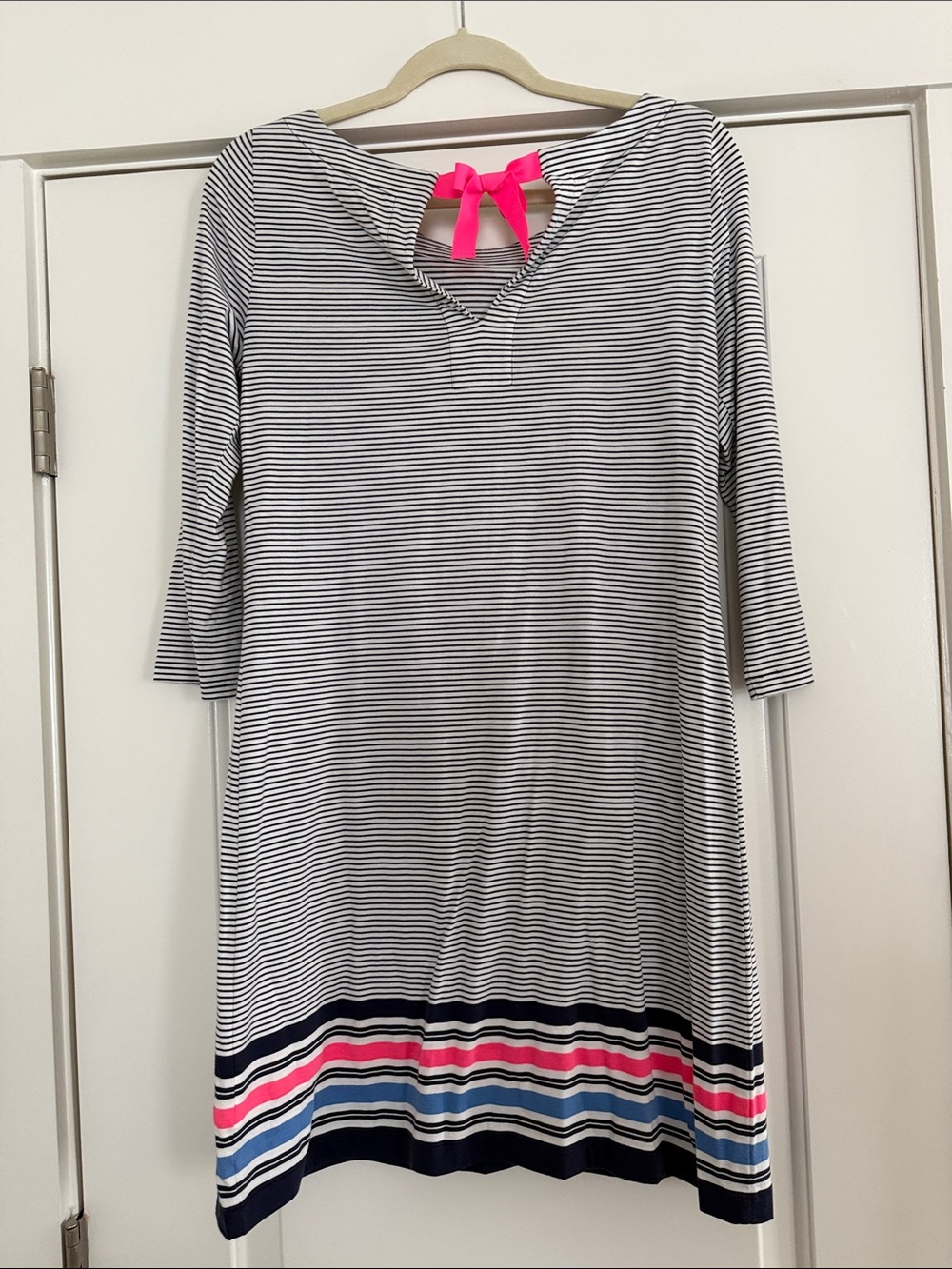 Lilly Pulitzer Navy and White Striped Mini Dress with Pink & Blue Trim - Picture 2 of 3